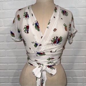 Three Days White Wrap Top with Cactus Print Gauze Style Fabric